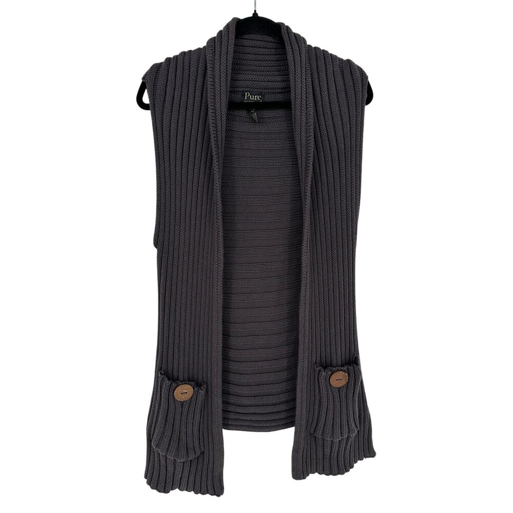 Pure Handknit 100% Cotton Chunky Gray Cardigan with Pockets Bohemian Casual M